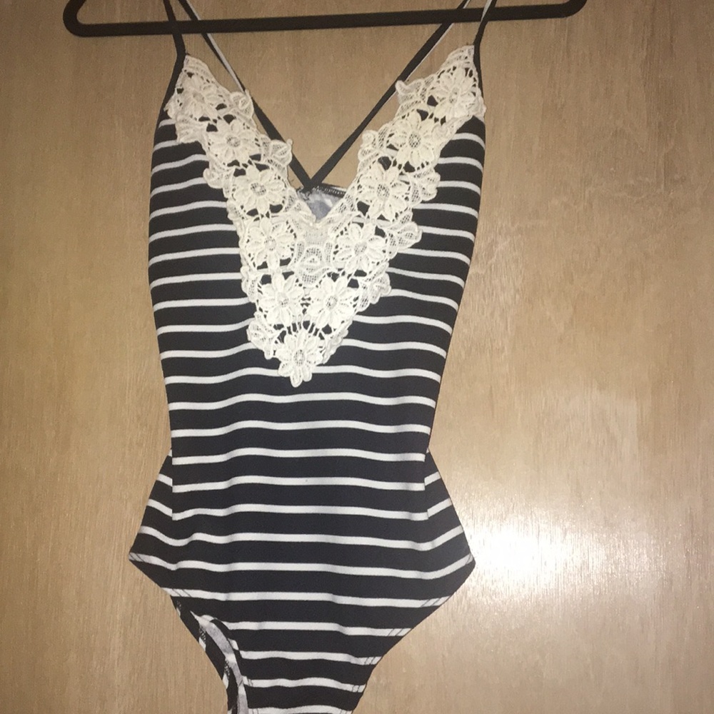 Charlotte Russe Bodysuit blue and white laced